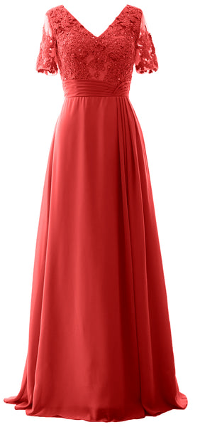 MACloth Women V Neck Long Mother of Bride Dresss Lace Evening Gown Short Sleeves