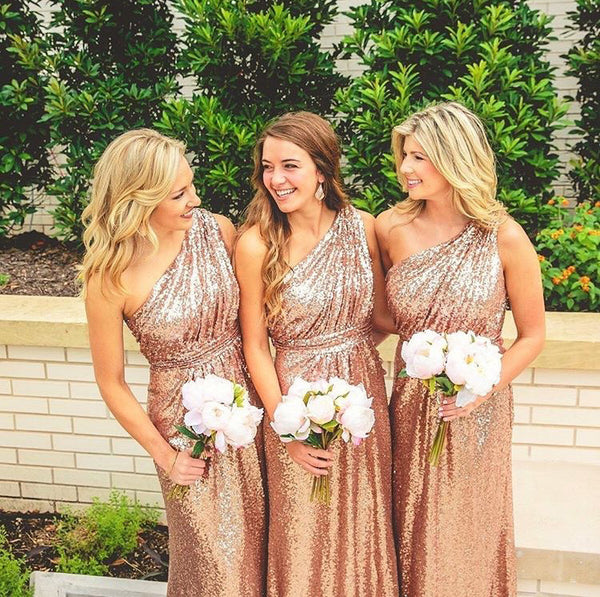 MACloth One Shoulder Sequin Long Bridesmaid Dress Rose Gold Formal Gown