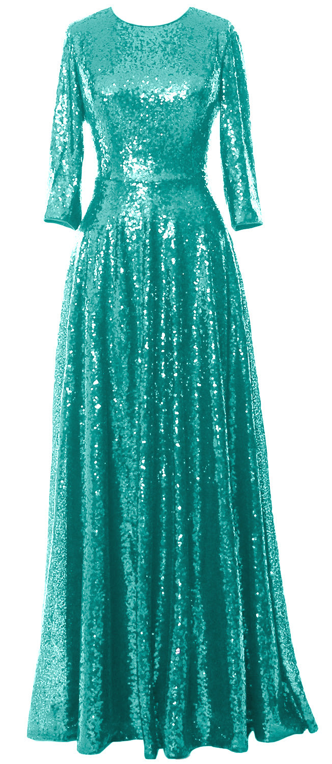 MACloth Damen Lange Kleider für die Brautmutter, 3/4-Ärmel, Pailletten, Abendkleid, Hochzeit, Party, Abend, Performance, Coustum