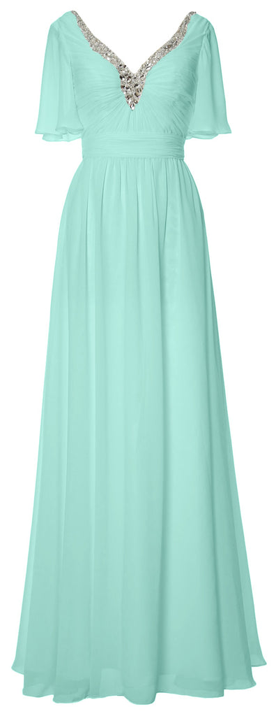 MACloth Women V Neck Half Sleeves Long Wedding Party Dresses Bridesmaid Mother of Bride Formal Evening Gown