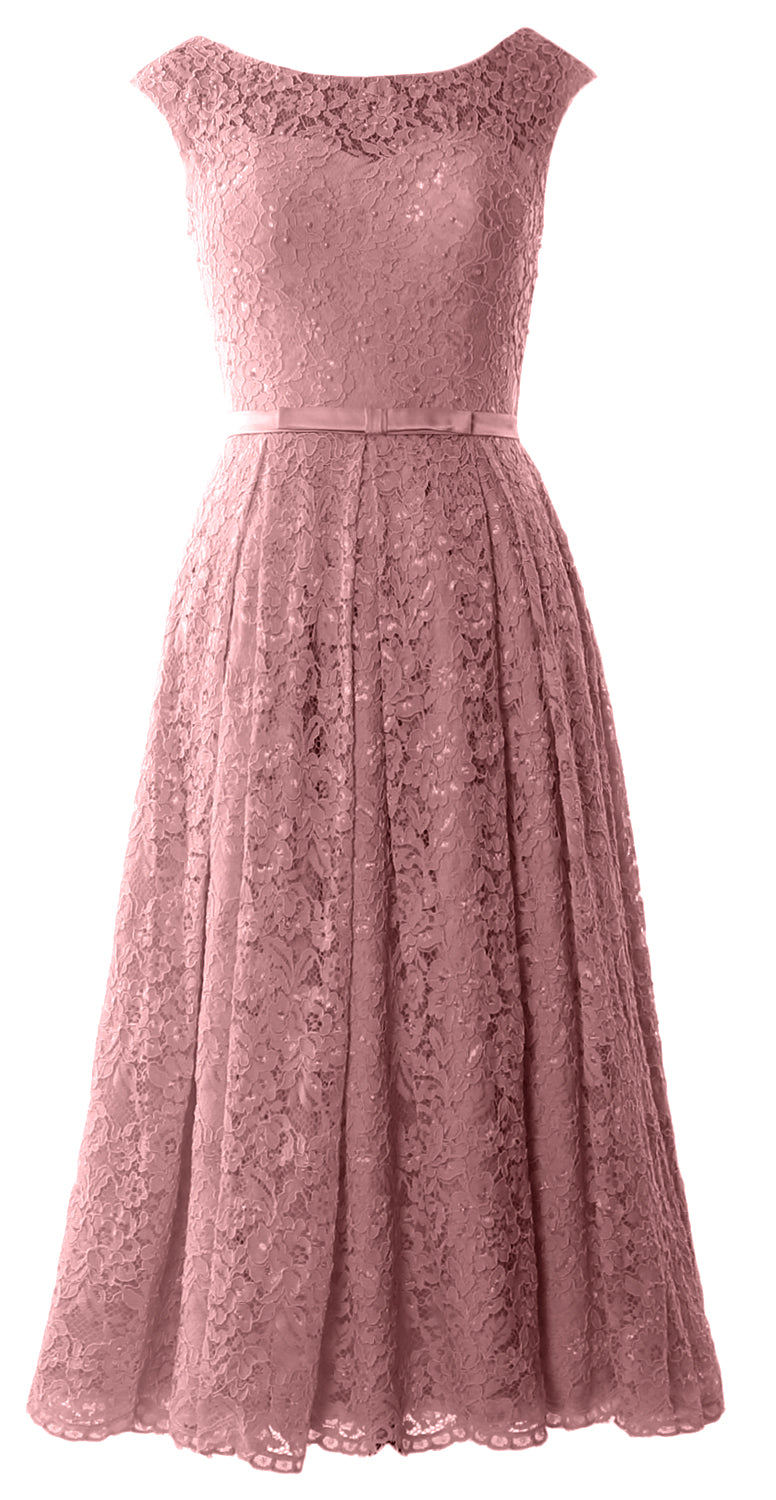MACloth Women Tea Length Mother Bride Gown Dresses Cap Sleeve Lace Midi Corset