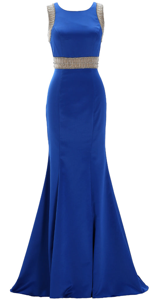 MACloth Women Boat Neck with Beaded Formal Evening Gown Sheath Satin Prom Dress