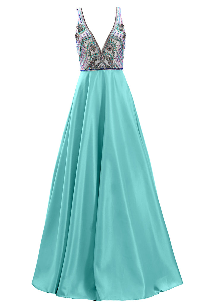 MACloth Women Deep V Neck Beaded Long Prom Dress Open Back Satin Evening Gown