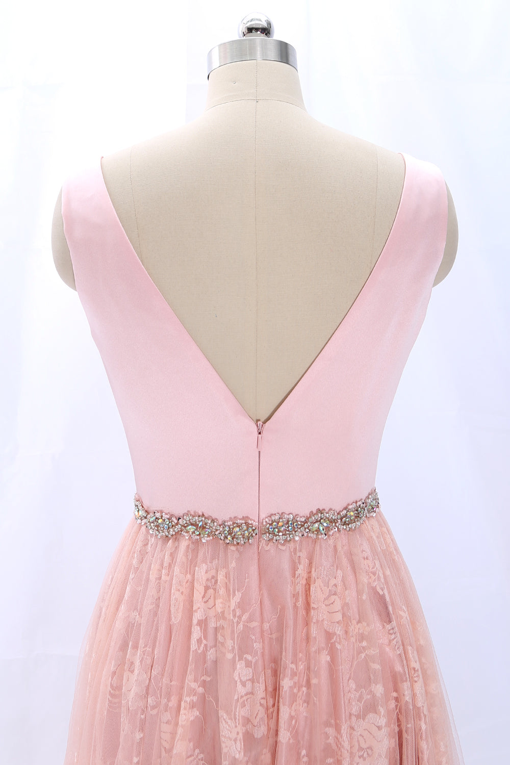 MACloth Straps V Neck Lace Satin Pink Prom Dress Formal Evening Gown
