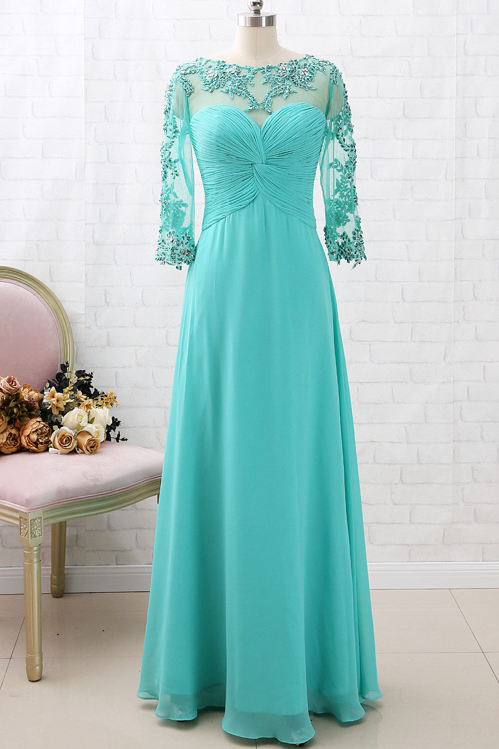 Macloth 3/4 Sleeves Lace Chiffon Long Mother of The Brides Dress Turquoise Evening Gown Custom Color / Above Knee / US14