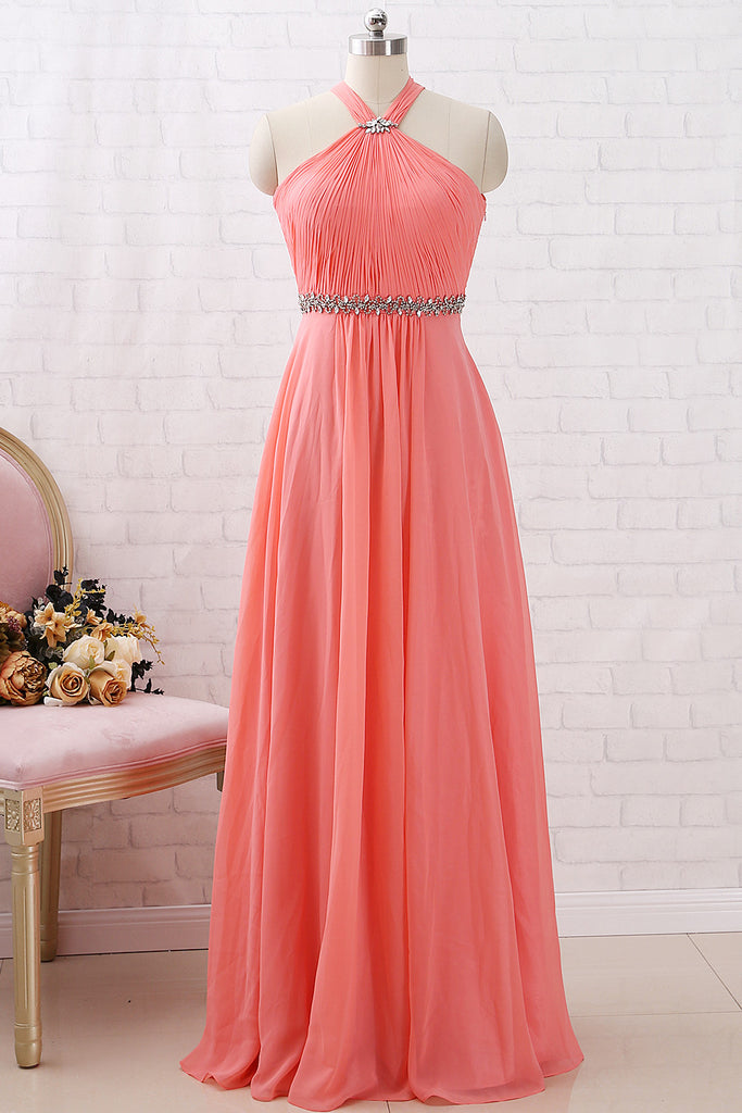 MACloth Halter Crystals Chiffon Long Prom Dresses