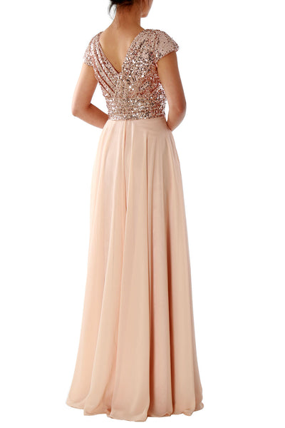 Cap Sleeves V Neck Sequin Chiffon Rose Gold Bridesmaid Dress