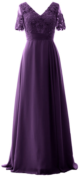 MACloth Women V Neck Long Mother of Bride Dresss Lace Evening Gown Short Sleeves