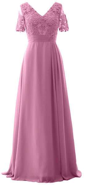 MACloth Women V Neck Long Mother of Bride Dresss Lace Evening Gown Short Sleeves