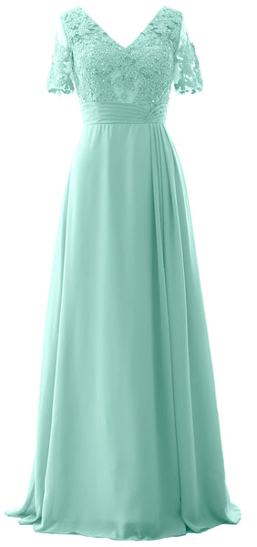 MACloth Women V Neck Long Mother of Bride Dresss Lace Evening Gown Short Sleeves
