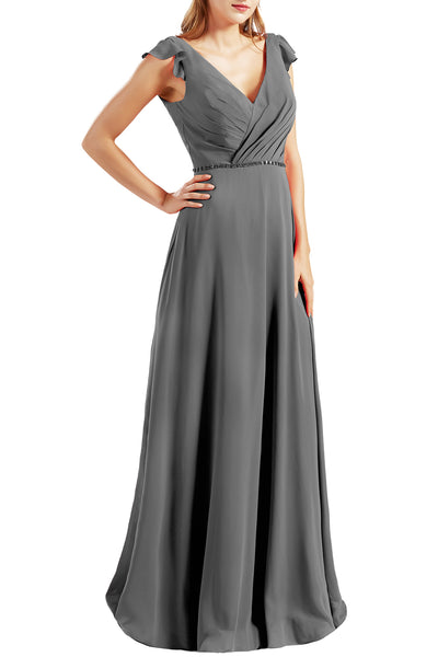 MACloth Women Cap Sleeves V Neck Chiffon Long Bridesmaid Dresses Evening Gown