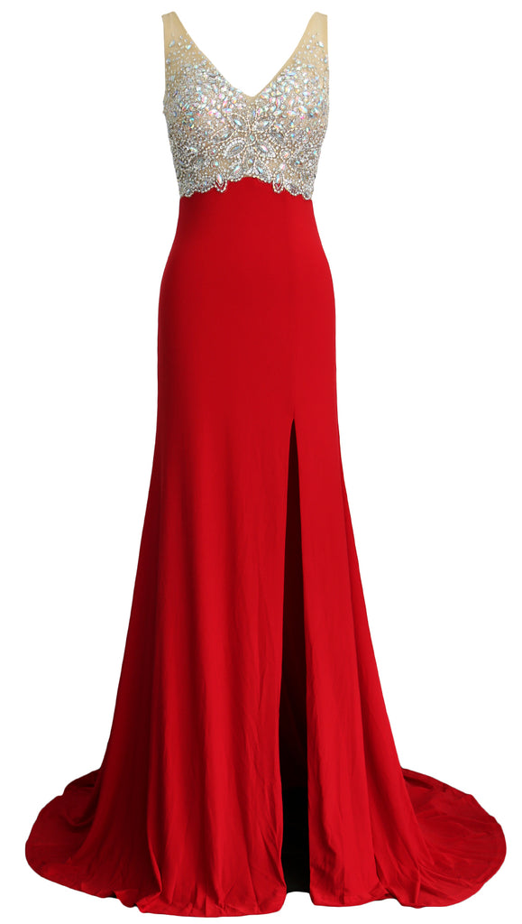 MACloth Elegant Mermaid V Neck Long Prom Dress Jersey Formal Party Evening Gown