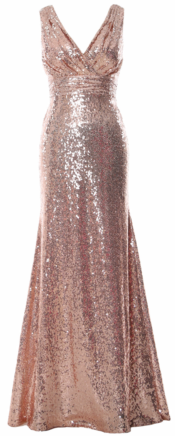 womens glitter party dresses MACloth Women Mermaid V Neck Maxi Sequin Wedding Party Dresses Bridesm