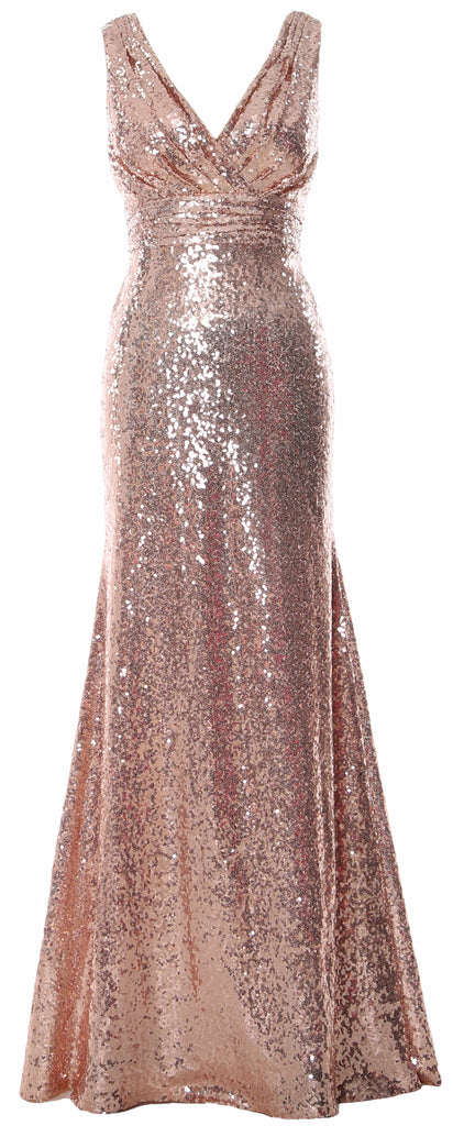 MACloth Women Mermaid V Neck Maxi Sequin Wedding Party Dresses Bridesmaid Prom