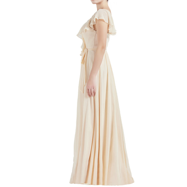 MACloth Women V Neck Ruffle Cap Sleeves Long Bridesmaid Dresses
