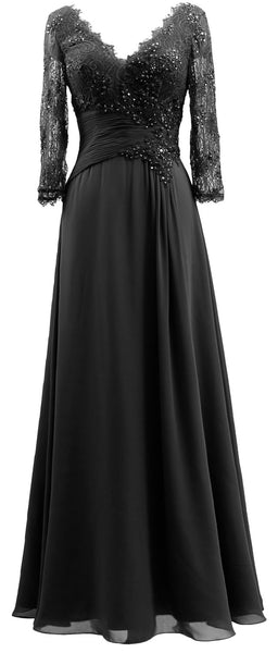 MACloth Women V Neck Long Mother of Bride Dresses 3/4 Sleeve Formal Evening Gown