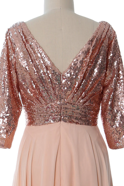 MACloth Women Long Sleeve V Neck Long Sequin Mother of Bride Dresses Maxi Gown