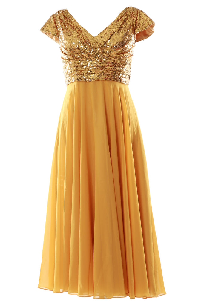 MACloth Women Mother of Bride Dresses Tea Length Sequin Cap Sleeves Bridesmaid