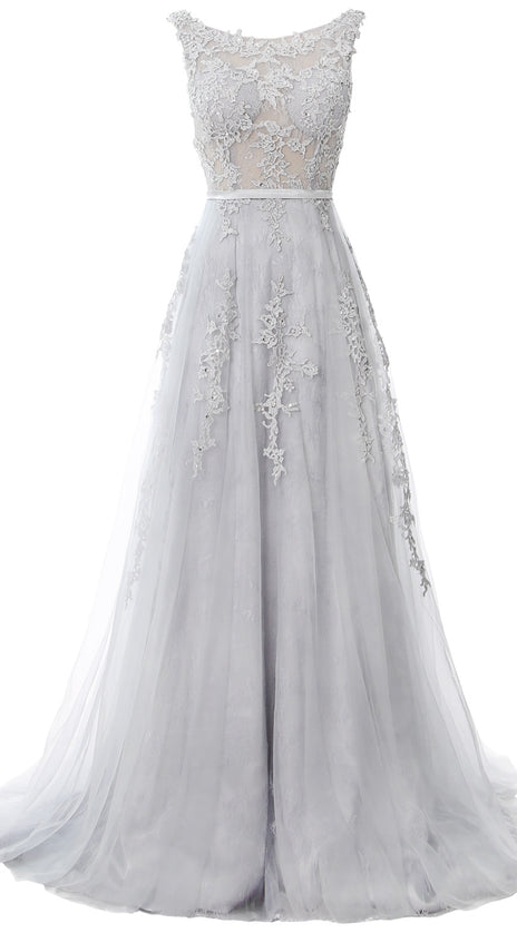 MACloth Lace Prom Dresses Boat Neck Sleeveless Lace Wedding Formal Evening Gown