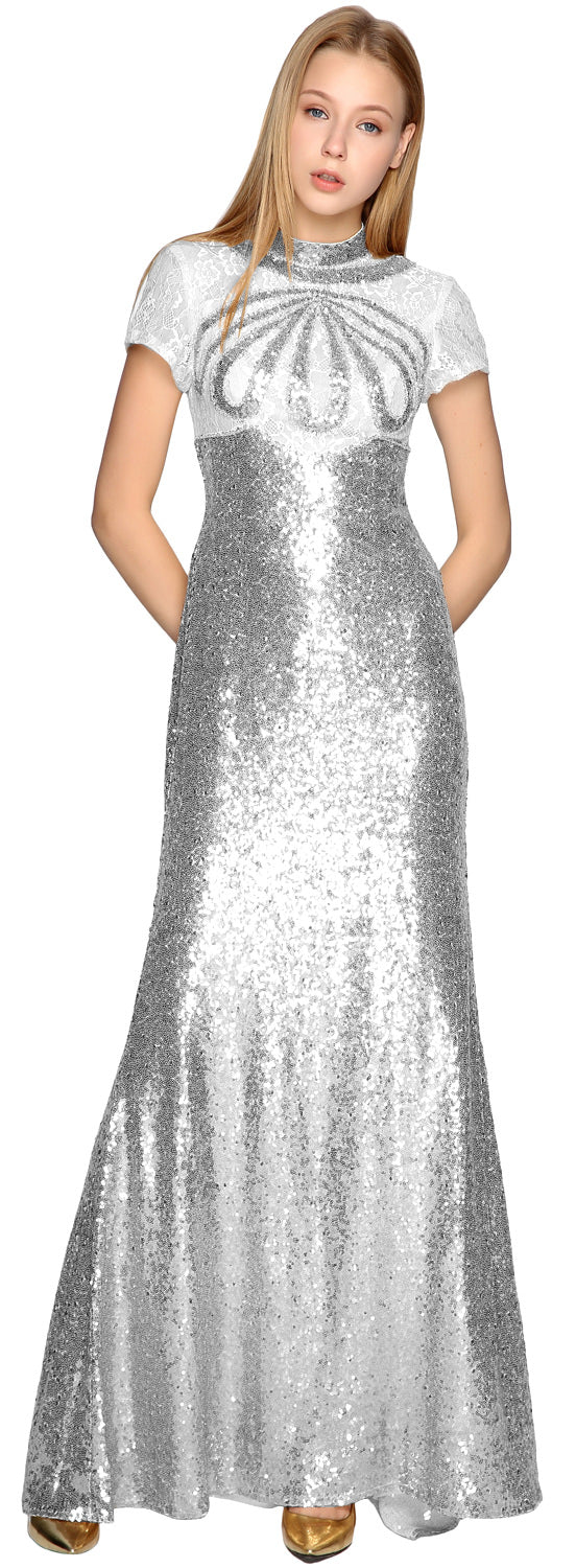 MACloth Women Prom Party Dresses Mermaid High Neck Cap Sleeves Evening Gown