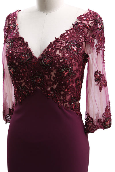 MACloth 3/4 Sleeves Illusion Lace Evening Gown V Neck Mother of the Bride Dress