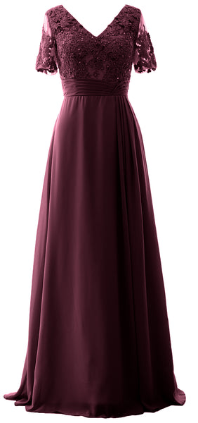 MACloth Women V Neck Long Mother of Bride Dresss Lace Evening Gown Short Sleeves