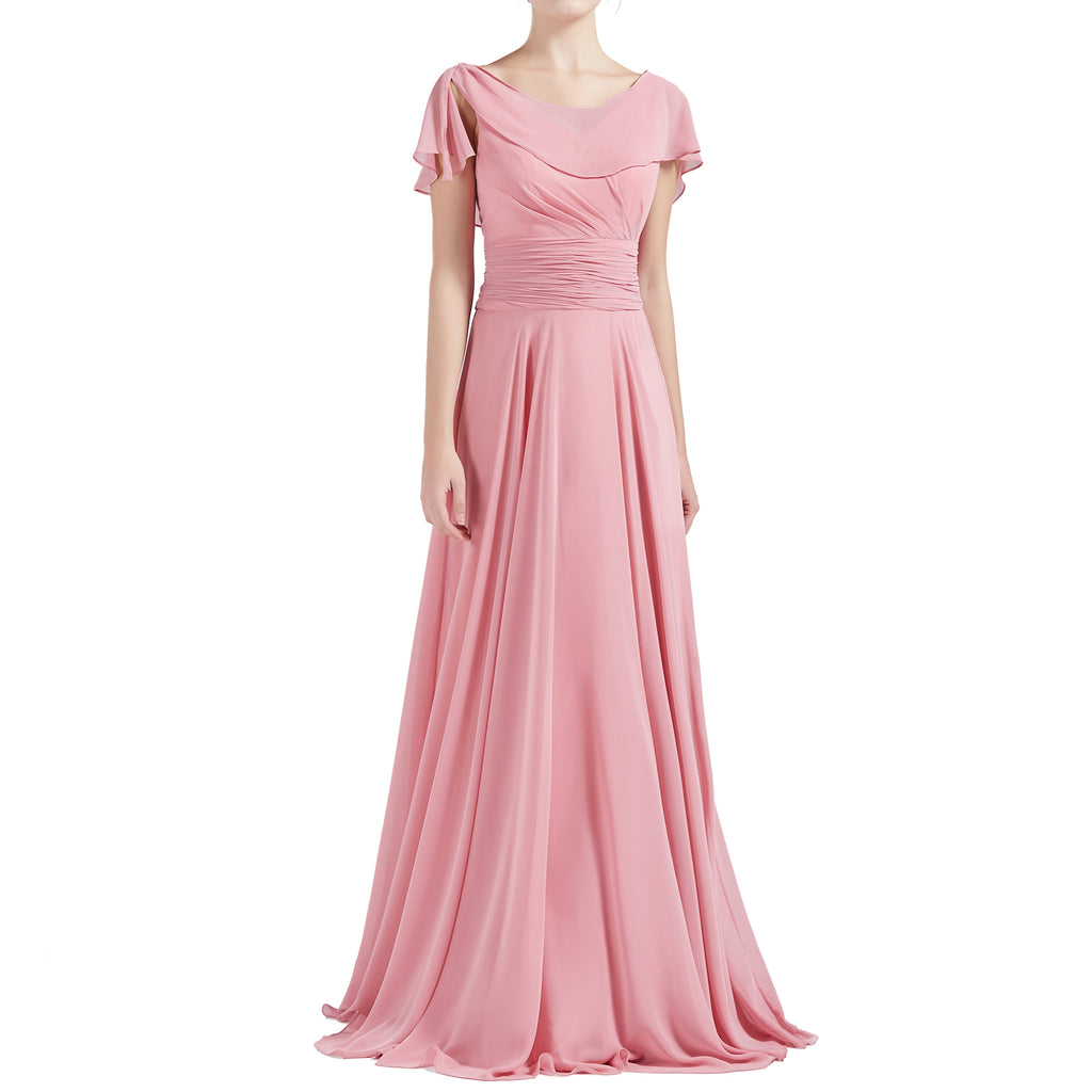 MACloth Damen O-Ausschnitt Rüschen Kurze Ärmel A-Linie Maxikleid Hochzeit Brautjungfernkleid