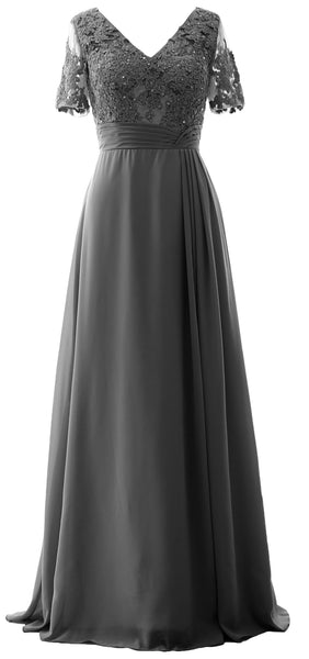 MACloth Women V Neck Long Mother of Bride Dresss Lace Evening Gown Short Sleeves