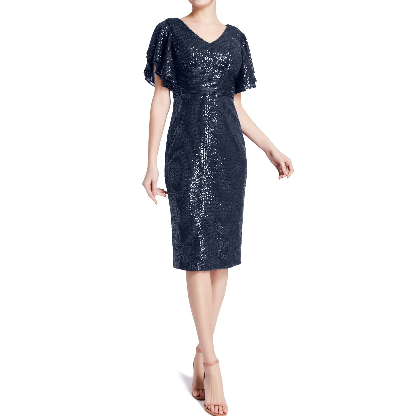 MACloth - Vestidos de cóctel de corte imperio con lentejuelas, escote en V, mangas de ángel con volantes y cortos para mujer