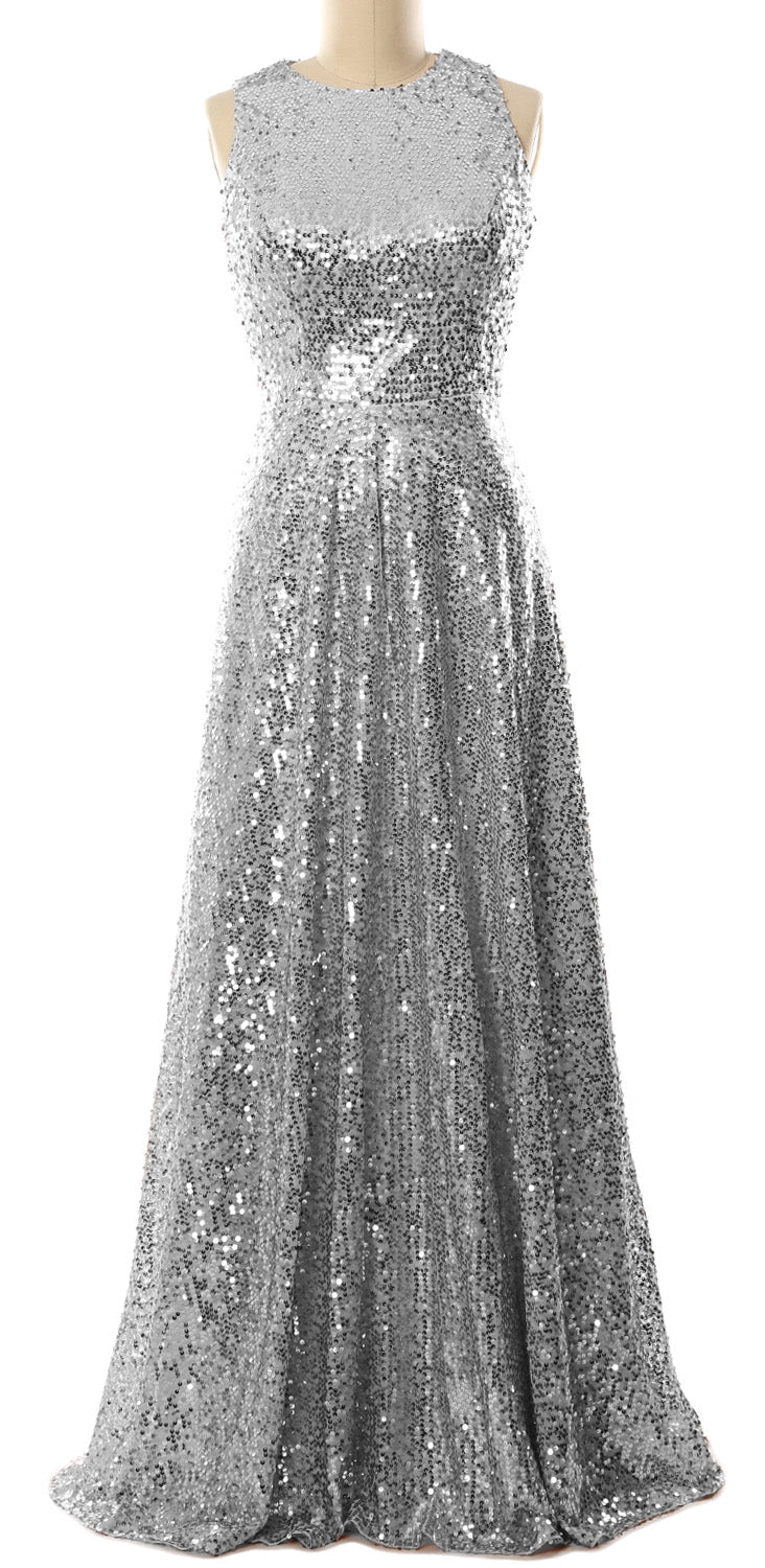 MACloth Elegant Sequin Long Bridesmaid Dress Simple Prom Gown Evening Gown