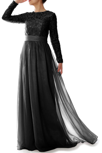 MACloth Elegant Long Sleeve Mother of Bride Dress Lace Formal Evening Party Gown