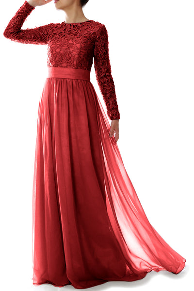 MACloth Elegant Long Sleeve Mother of Bride Dress Lace Formal Evening Party Gown