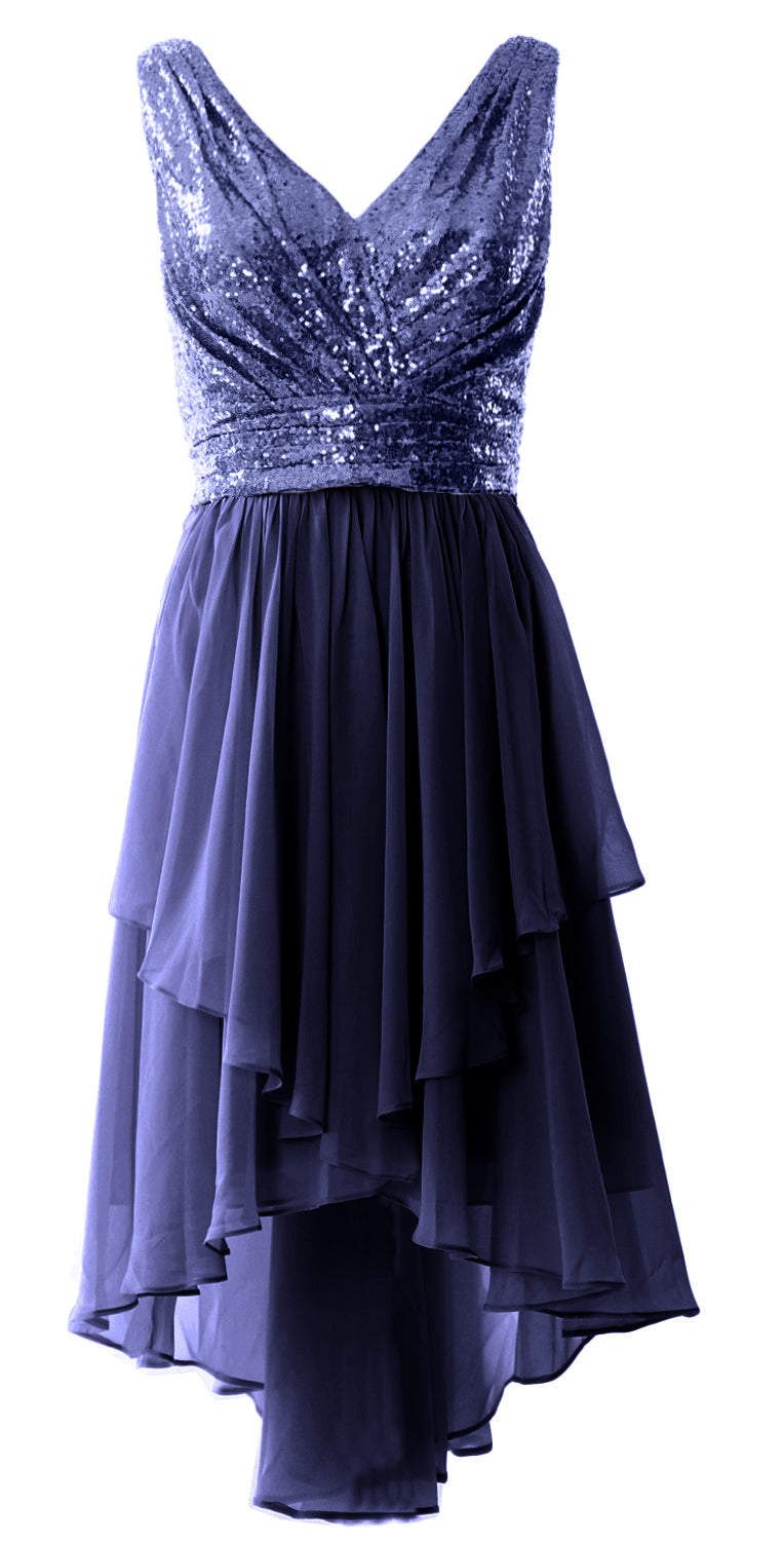 MACloth Women Straps V Neck Sequin Chiffon High Low Prom Dress Formal Party Gown