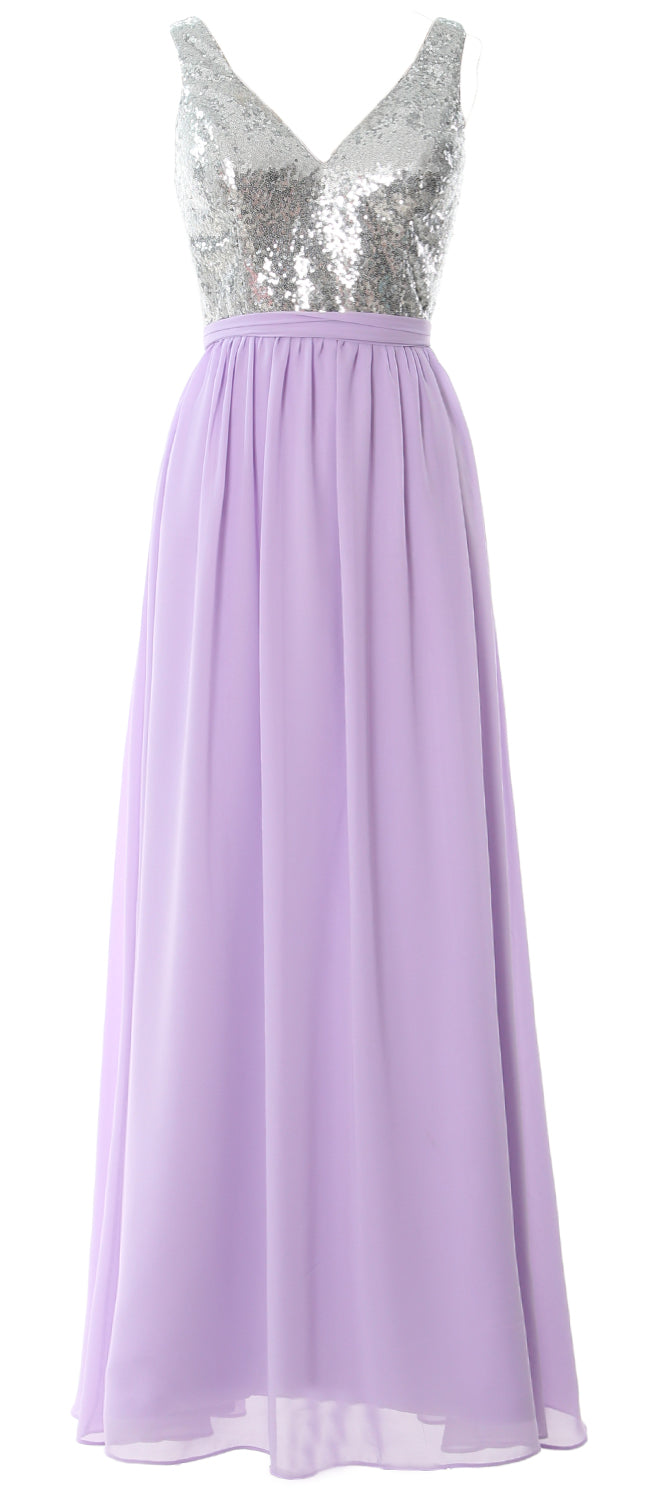 MACloth Women Straps V Neck Sequin Maxi Bridesmaid Dress 2017 Simple Prom Gown Lavender / Above Knee / US2