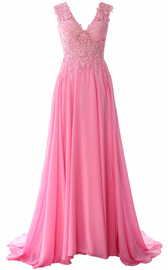 MACloth Elegant V Neck Long Prom Dress Vintage Lace Chiffon Formal Evening Gown