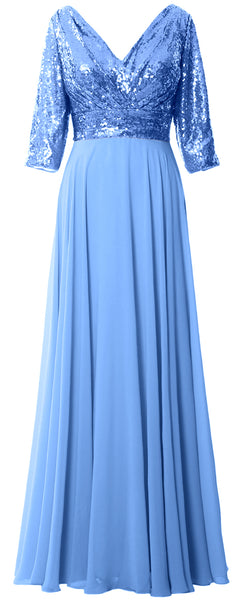 MACloth Women 3/4 Sleeve V Neck Mother Dress Sequin Chiffon Wedding Formal Gown