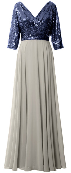 MACloth Women 3/4 Sleeve V Neck Mother Dress Sequin Chiffon Wedding Formal Gown