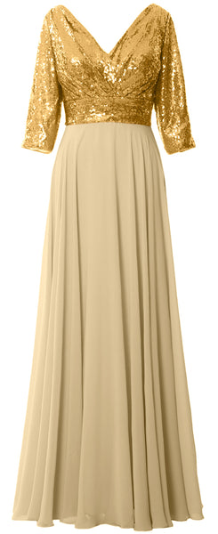 MACloth Women 3/4 Sleeve V Neck Mother Dress Sequin Chiffon Wedding Formal Gown