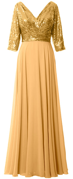 MACloth Women 3/4 Sleeve V Neck Mother Dress Sequin Chiffon Wedding Formal Gown