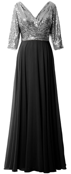 MACloth Women 3/4 Sleeve V Neck Mother Dress Sequin Chiffon Wedding Formal Gown