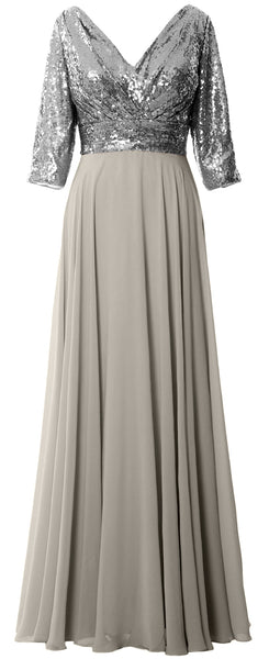 MACloth Women 3/4 Sleeve V Neck Mother Dress Sequin Chiffon Wedding Formal Gown