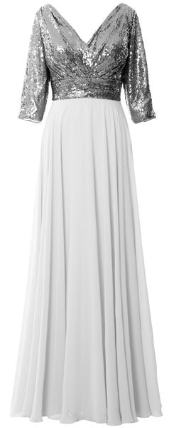 MACloth Women 3/4 Sleeve V Neck Mother Dress Sequin Chiffon Wedding Formal Gown