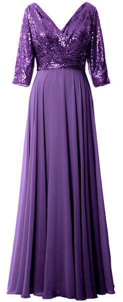MACloth Women 3/4 Sleeve V Neck Mother Dress Sequin Chiffon Wedding Formal Gown
