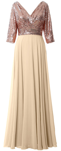 MACloth Women 3/4 Sleeve V Neck Mother Dress Sequin Chiffon Wedding Formal Gown
