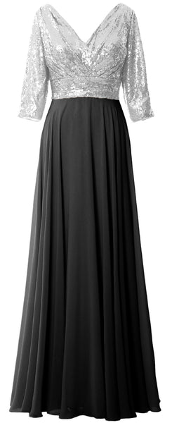 MACloth Women 3/4 Sleeve V Neck Mother Dress Sequin Chiffon Wedding Formal Gown