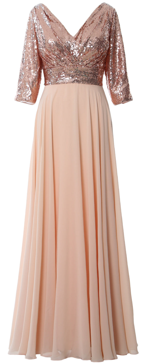 Macloth Women 3/4 Sleeve V Neck Mother Dress Sequin Chiffon Wedding Formal Gown Rose Gold / Above Knee / US12