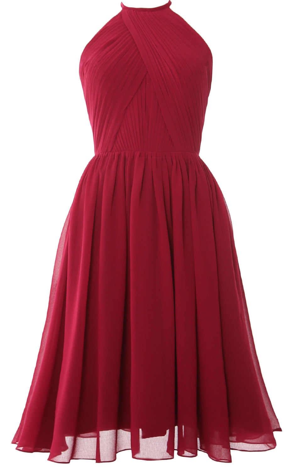 MACloth Women Halter Chiffon Cocktail Dress Short Bridesmaid Gown with Open Back Burgundy / Above Knee / US6