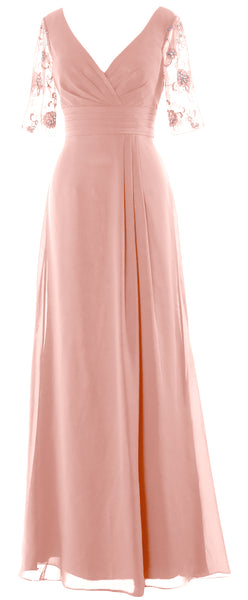 MACloth Women Half Sleeves Long Mother of The Bride Dress V Neck Formal Gown