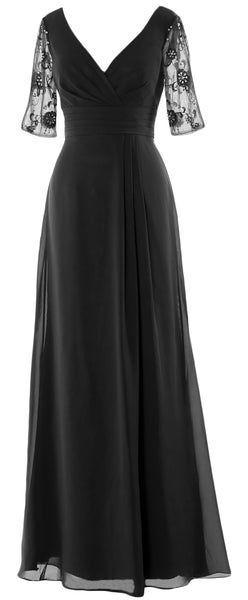MACloth Women Half Sleeves Long Mother of The Bride Dress V Neck Formal Gown