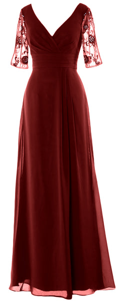MACloth Women Half Sleeves Long Mother of The Bride Dress V Neck Formal Gown